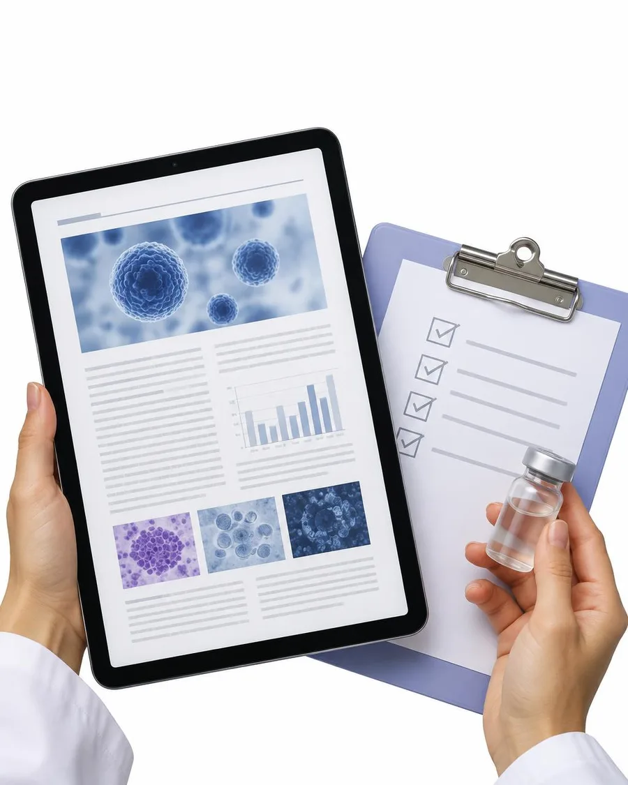 Hands holding a tablet with a clinical research article and a checklist clipboard